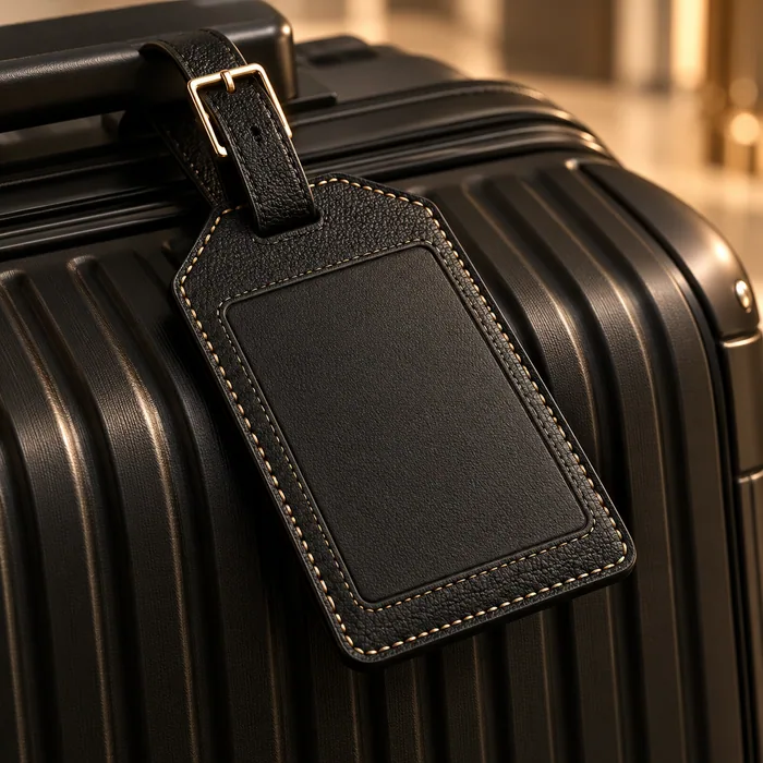 A branded leather luggage tag on a black KIYO case