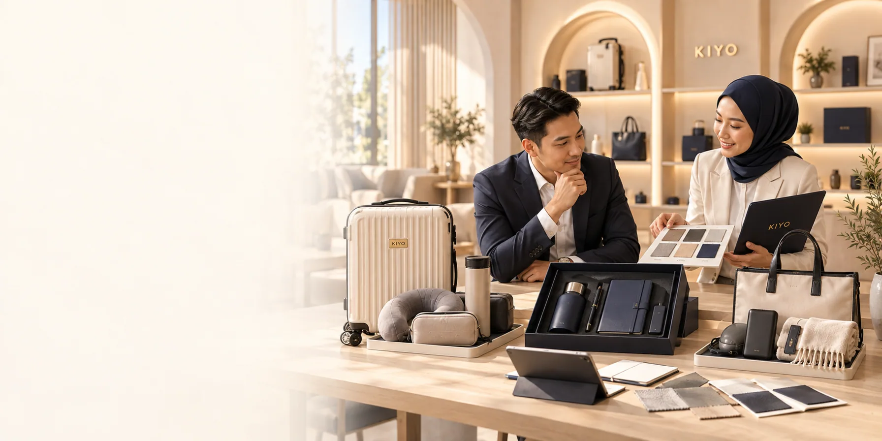 A KIYO consultant and a client at the showroom desk with a cream case, gift sets and colour swatches