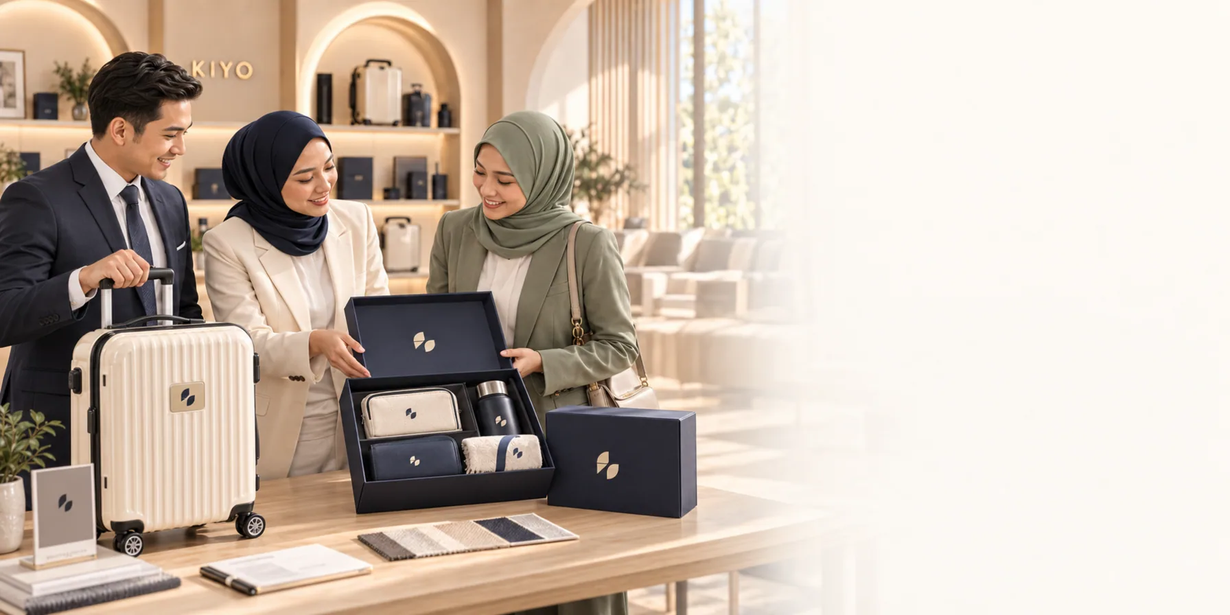 Three clients opening a KIYO gift box beside a cream case at the showroom