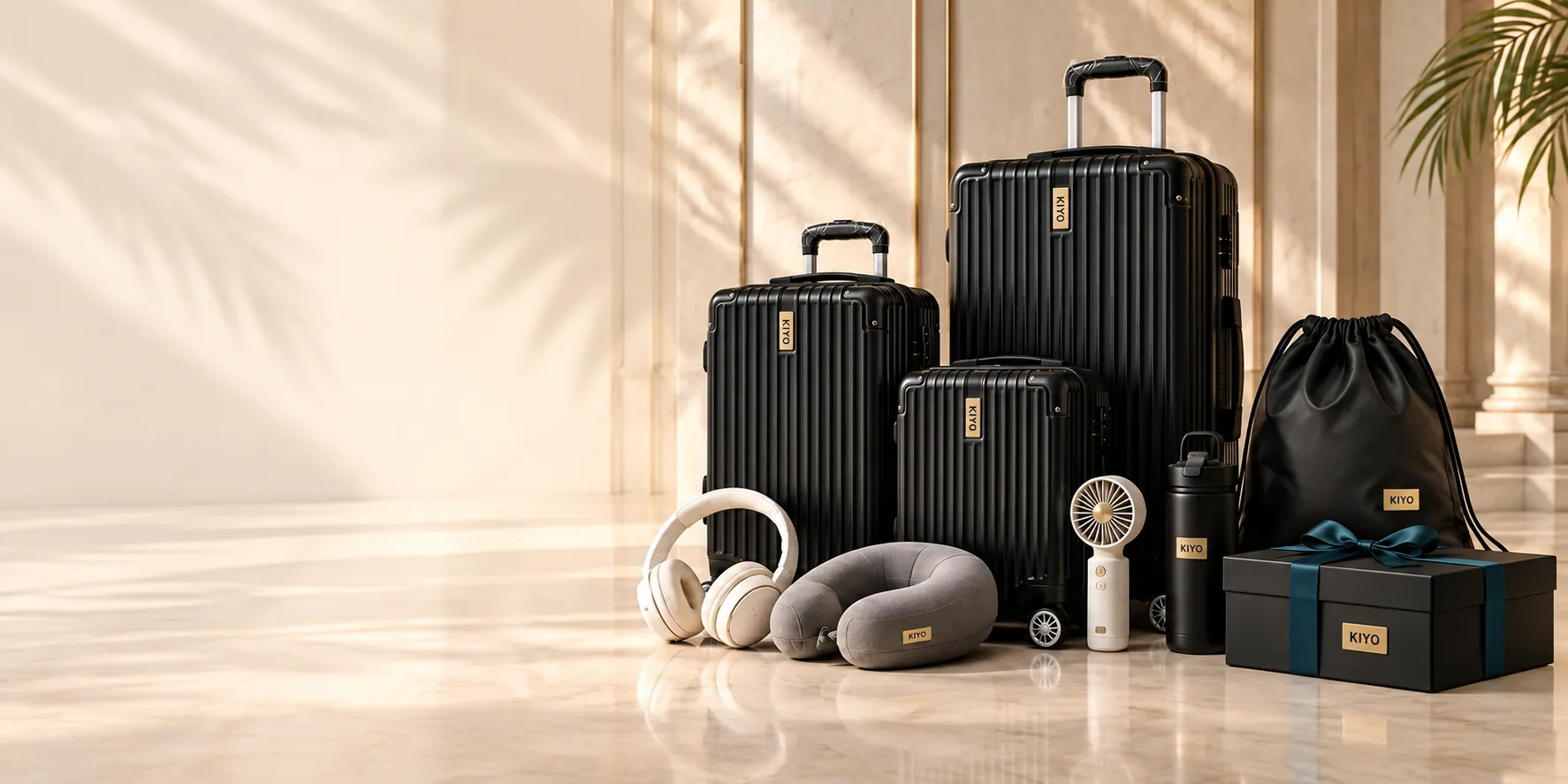 A black KIYO corporate gift set: three cases with KIYO plates, headphones, a neck pillow, a fan and a gift box
