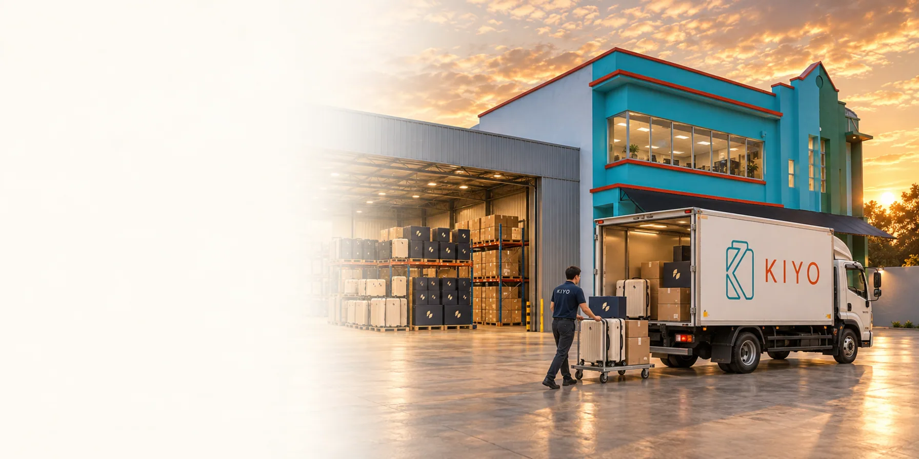The KIYO building at dusk, a branded lorry being loaded with cases at the door