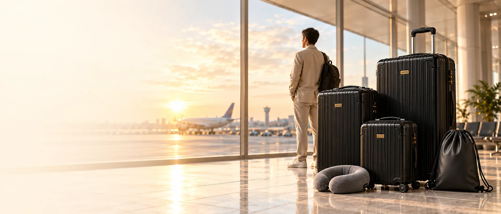 A traveller at a sunlit airport window beside three black KIYO cases, a neck pillow and a drawstring bag